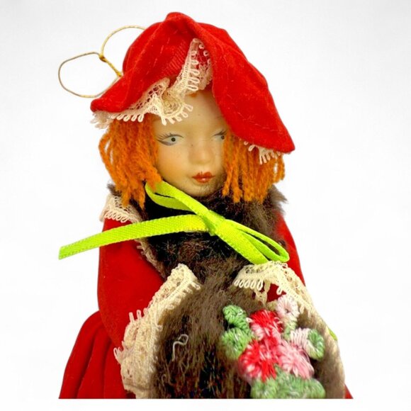 Vintage Red Velvet Christmas Doll With Lace & Faux Fur Trimmed Cloak - Picture 6 of 6